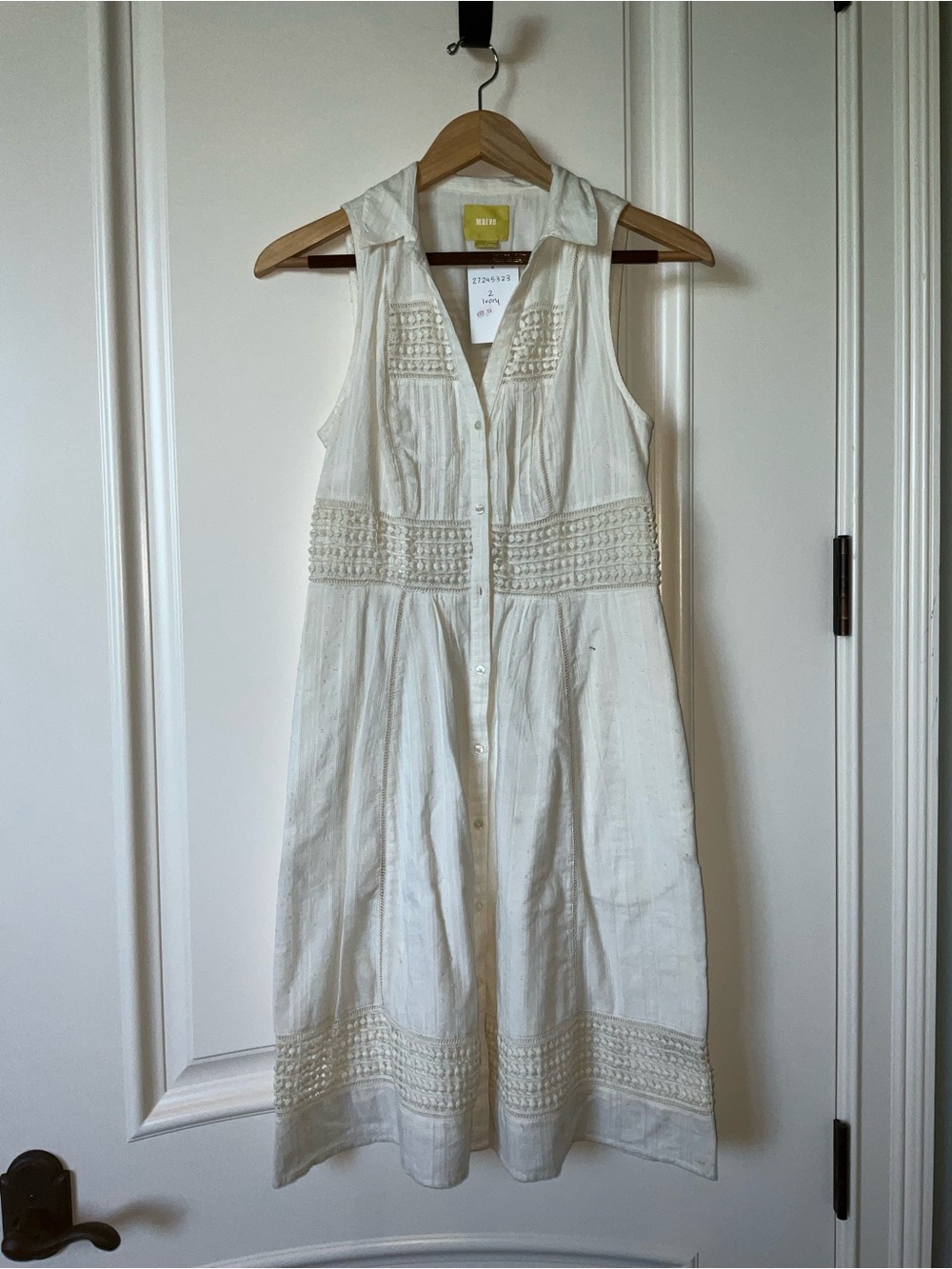 Maeve Cream Sleeveless Button-Front Midi Dress with Lace Insets